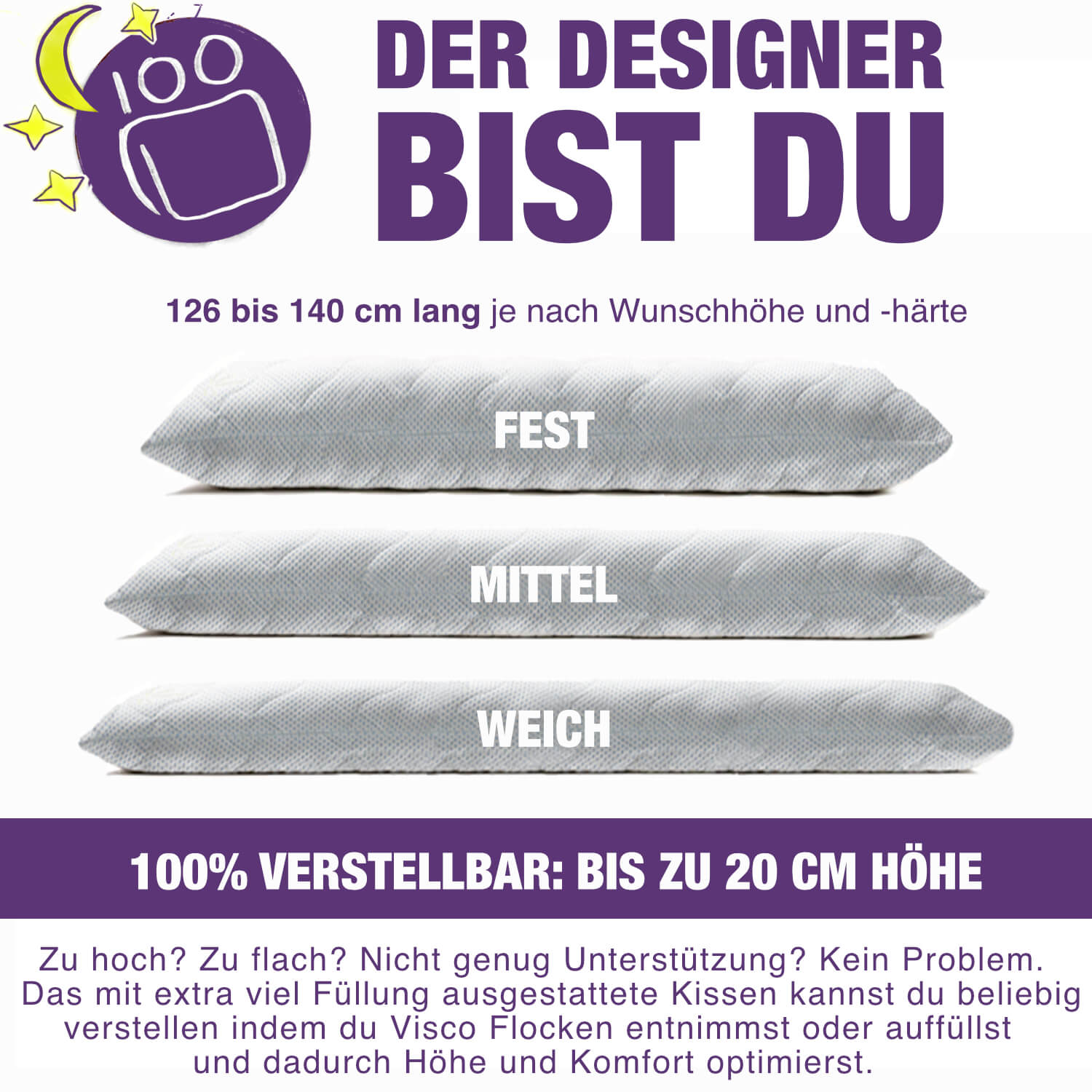 Seitenschläferkissen VISCO 140x40 mit Bezug Deluxe