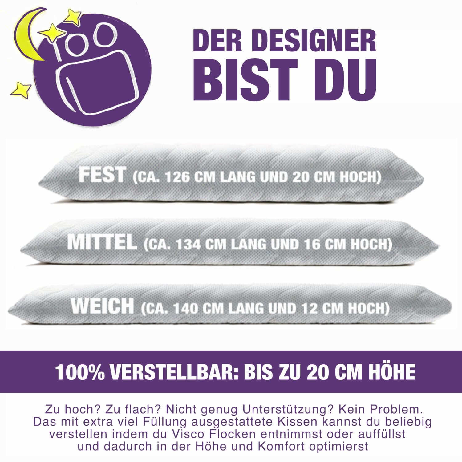 Seitenschläferkissen VISCO GEL PROFESSIONAL SLIM 140x40 mit Bezug Baumwolle - Seitenschläferkissen