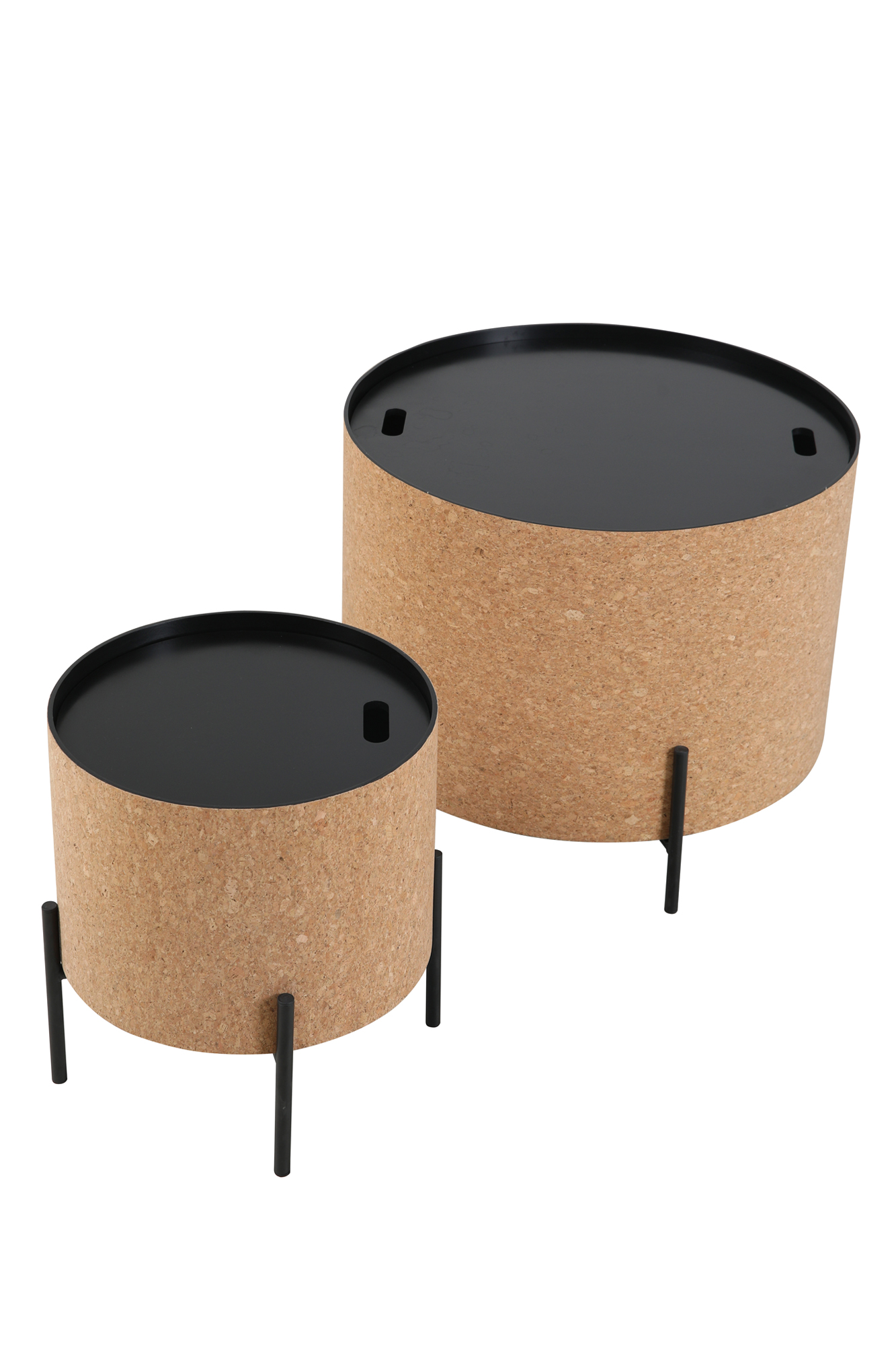 Couchtische, 2er Set MDF mit Kork, Stahlbeine | Maße großer Tisch: ca. B63xT63xH48,5 cm, Maße kleiner Tisch: ca. B41,5xT41,5xH36,5 cm, Tischplatten abnehmbar, mit Stauraum im Inneren – Bild 2