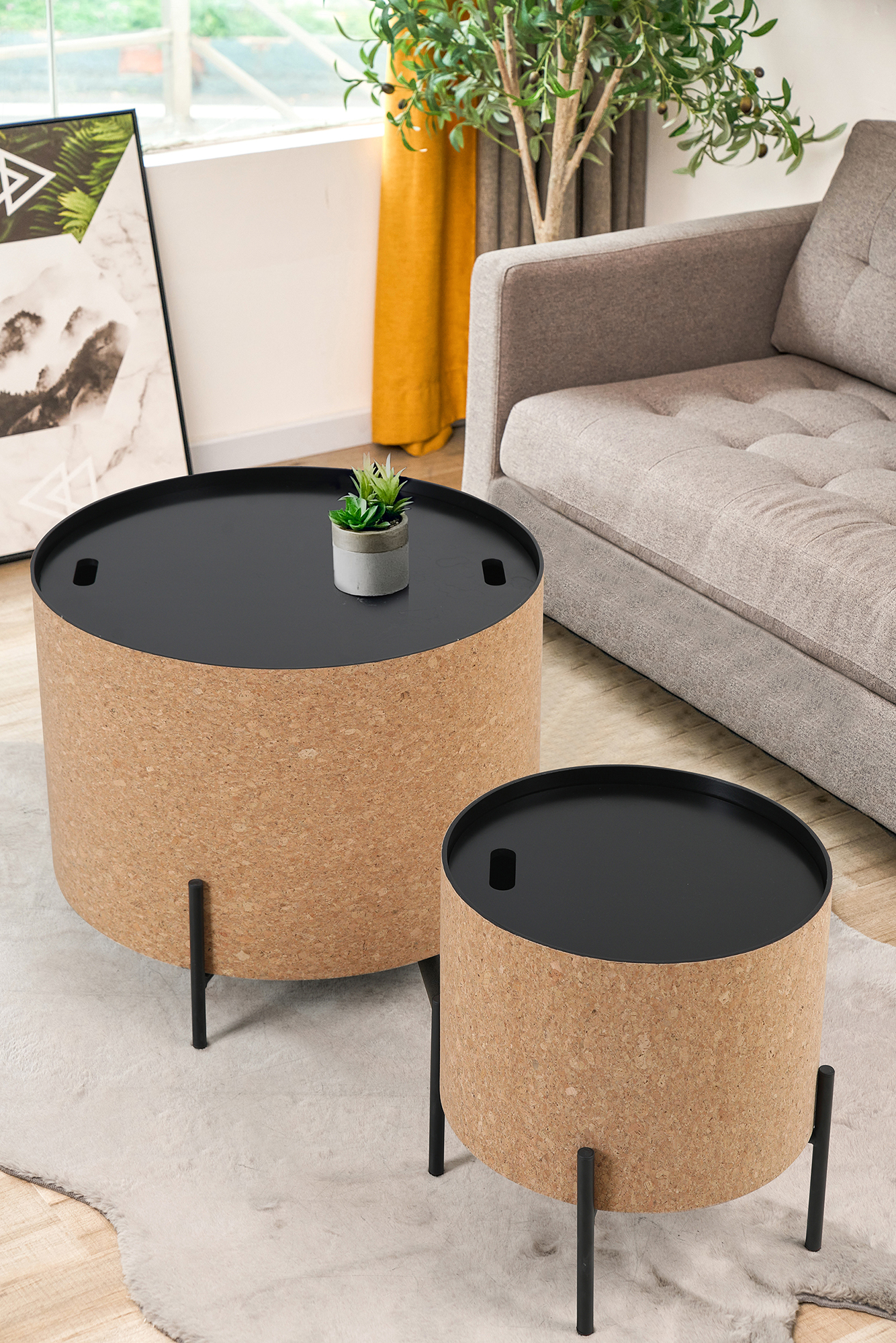 Couchtische, 2er Set MDF mit Kork, Stahlbeine | Maße großer Tisch: ca. B63xT63xH48,5 cm, Maße kleiner Tisch: ca. B41,5xT41,5xH36,5 cm, Tischplatten abnehmbar, mit Stauraum im Inneren – Bild 18